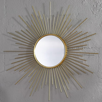 24'' Large Gold Sunburst Mirror, Metal Starburst Mirrors, Mid-Century Modern Sun Mirror Wall Decor, and Entryway