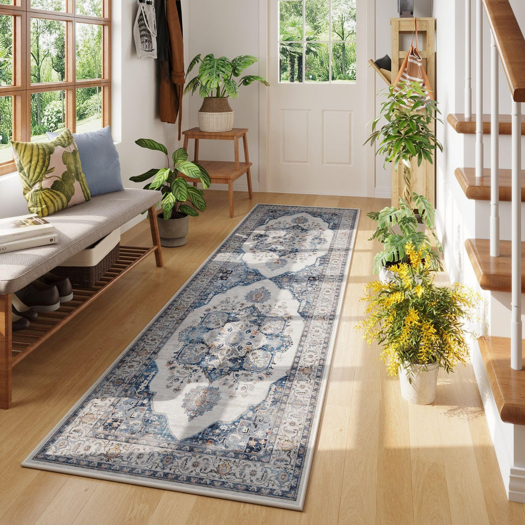 Runner Rug Washable Vintage Medallion Non Slip, Blue