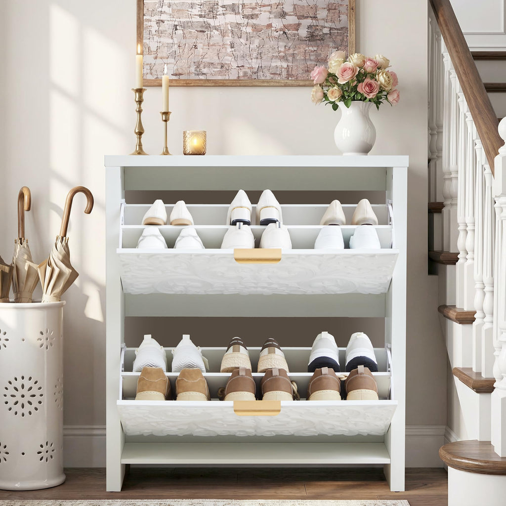 Shoe Cabinet Set of 2, 2-Tier Flip-Drawer Storage (White, 2)