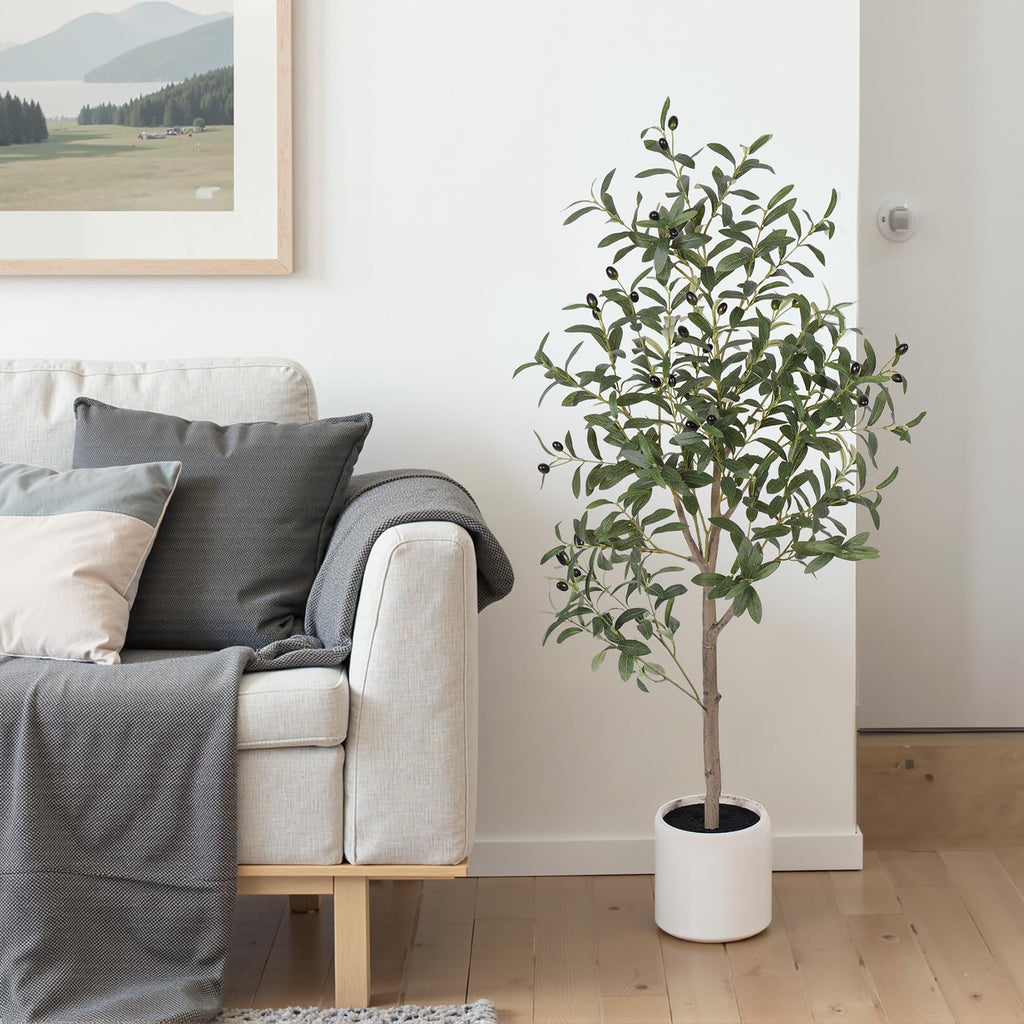 Olive Tree Artificial Indoor, 4ft Tall Silk Faux Olive Tree with White Planter, Artificial Plants with Natural Wood
