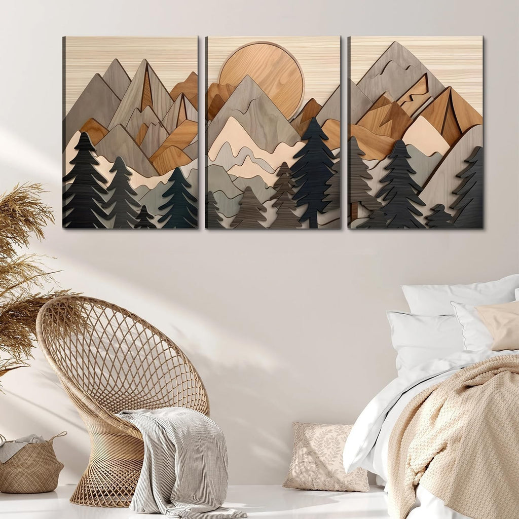 Set of 3 Mountain canvas Wall Art Large Forest Wall Decor pictures Woodcut Wooden Landscape poster Prints Abstract