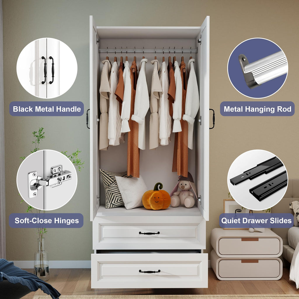 White Wardrobe Closet with 4 Drawers and 4 Doors, 75" H x 63" W
