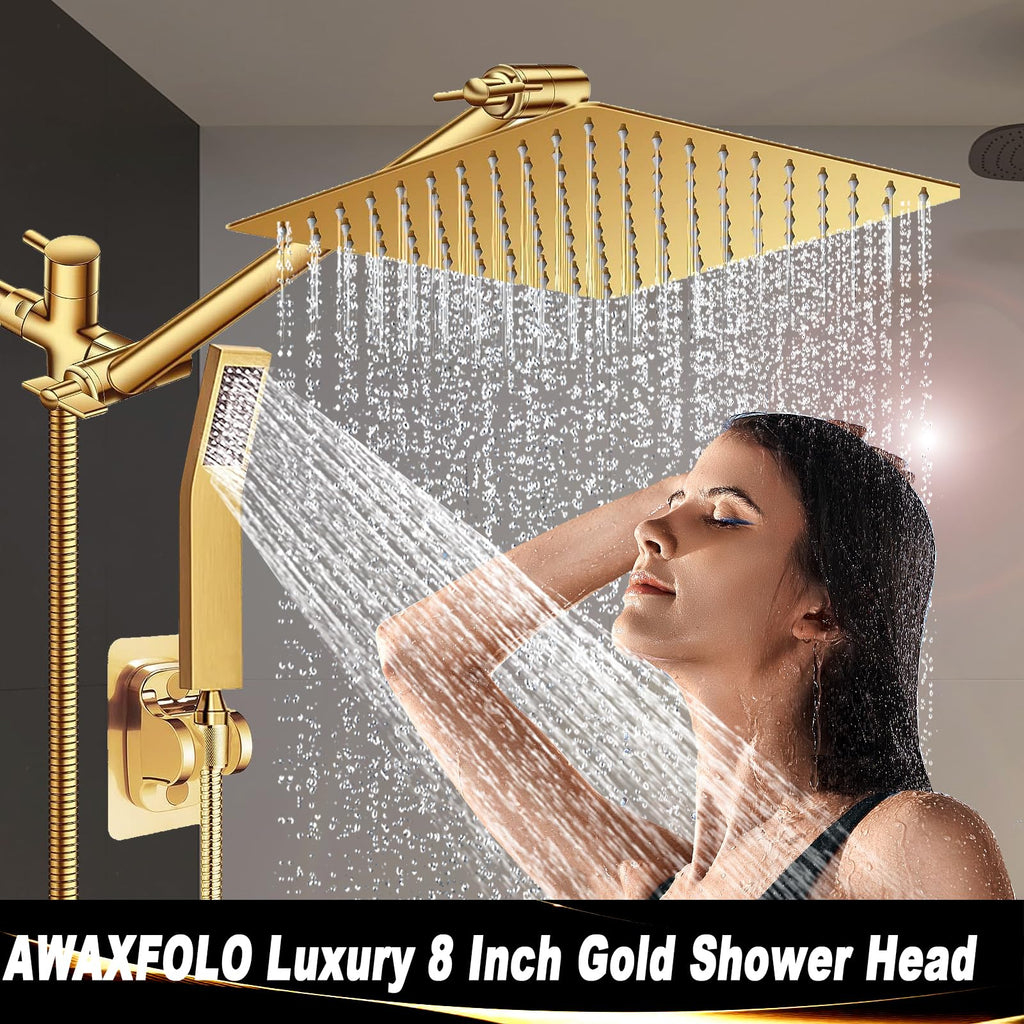 8"High Pressure Square Rain Shower Head and 2-in-1 Hand Shower.Equipped with 78"Hose, 3 Way Diverter Valve, Adhesive