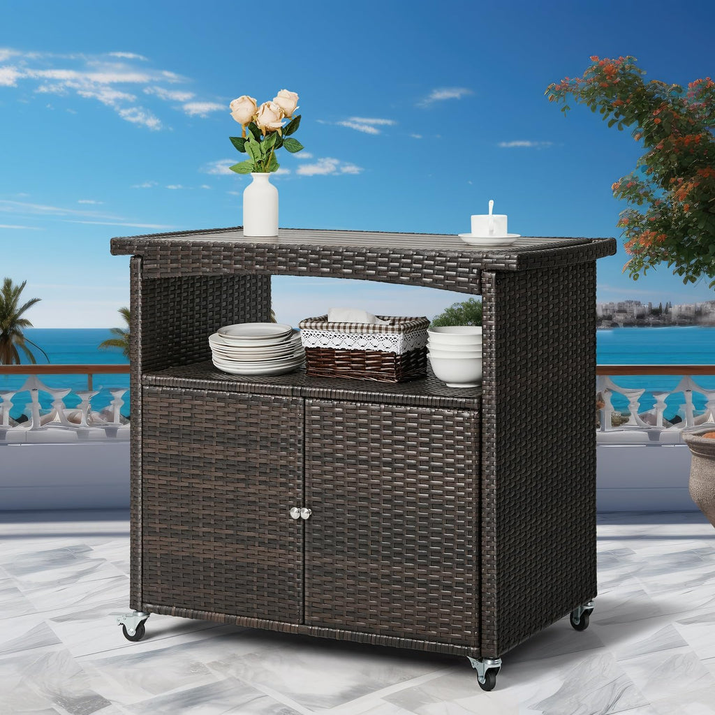 Outdoor Bar Cart with Storage Cabinet Patio Wicker Sideboard Buffet Cabinet Prep Table Outside Kitchen Serving Cart