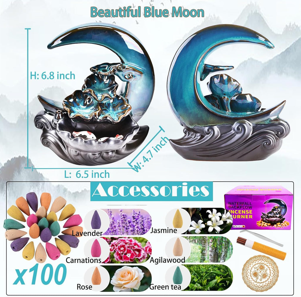 New Moon Backflow Incense Holder, Ceramic Hand-Made Incense Fountain Burner with 100 Backflow Incense Cones,Fragrance - Set of 140