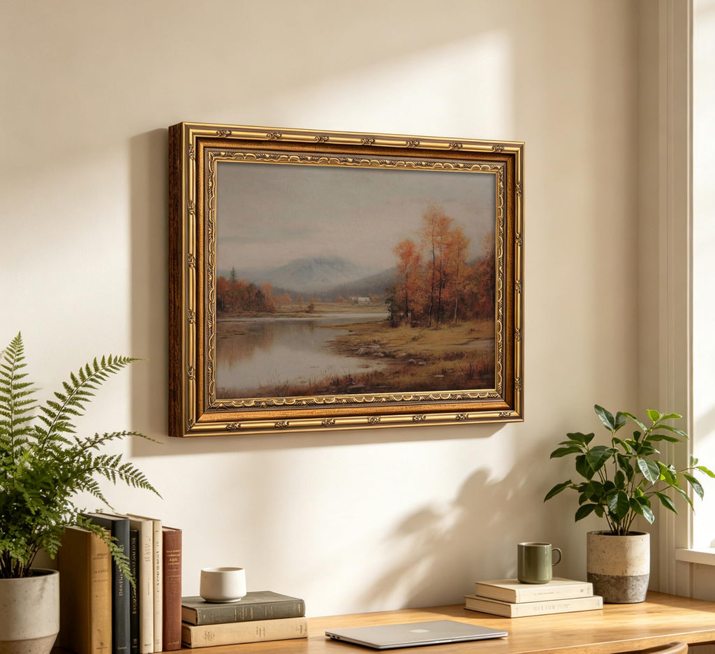 Vintage Gold Framed Fall Landscape Wall Art, Autumn Natural Lake Oil Painting Canvas Prints, Rural Forest Lake