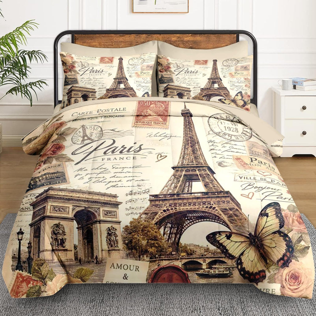 Queen Comforter Set with Sheets, 7 Pieces Paris Vintage Bedding