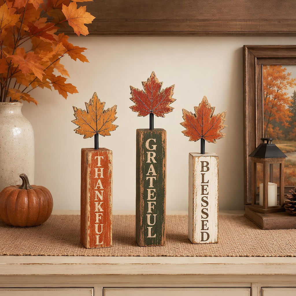 Fall Decorations Fall Table Decorations Blessed Grateful Thankful Wooden Block Sign, Thanksgiving Decorations - Set of 3