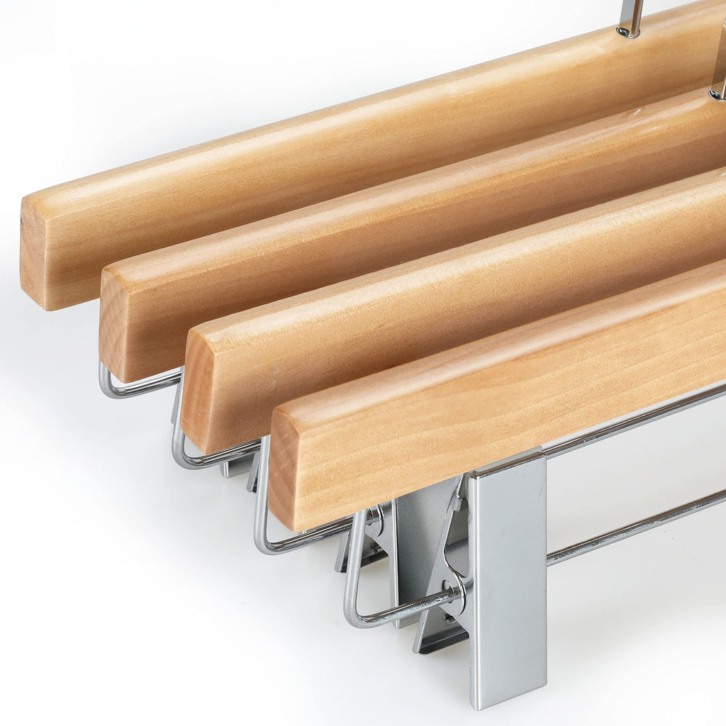 Pants Hangers, Luxury Natural Wooden Skirts Hangers with 2 Big Premium Metal Clips and 360° Swivel Anti-Rust Flat