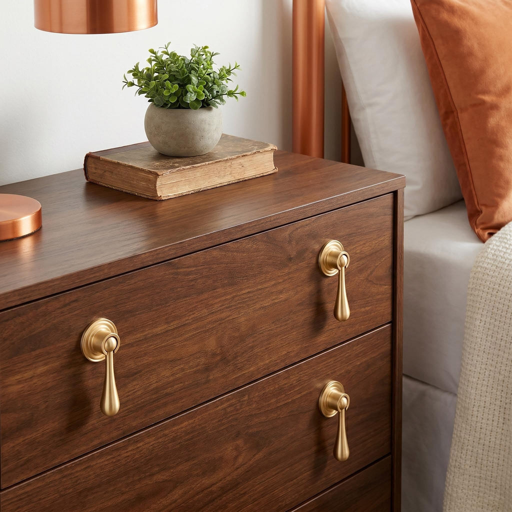 Solid Brass Cabinet Knobs 6 Pack, Modern Brass Brushed Pendant Drop Knob,Gold Cabinets Drop Pulls Drawer and Dresser