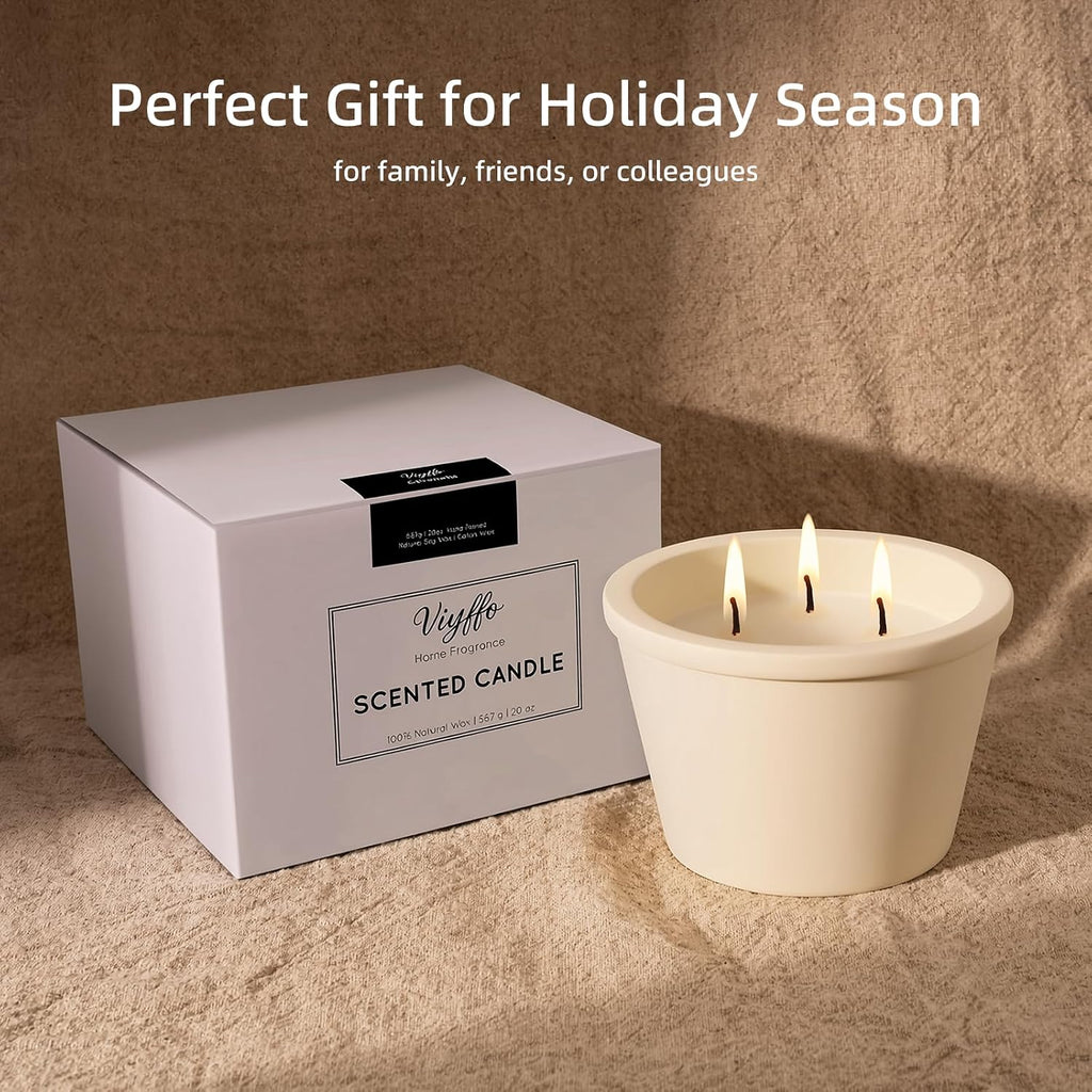 Large 20oz Scented Candle - Creamy Vanilla, 3 Wick Non Toxic Soy Candles for Women, Matte Ivory White Ceramic Jar