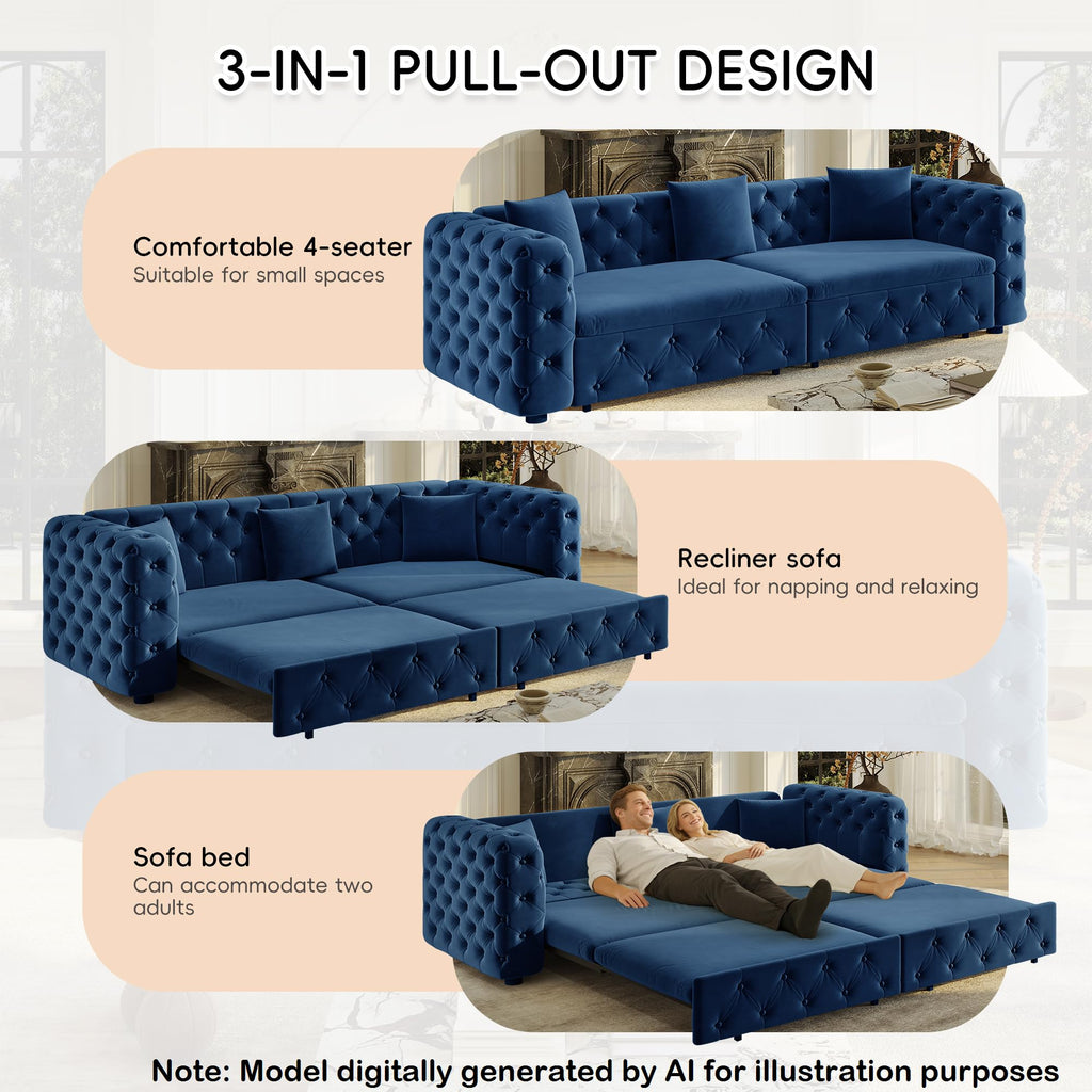 89'' Velvet Chesterfield Sleeper Sofa, King Couch Bed, Midnight Blue