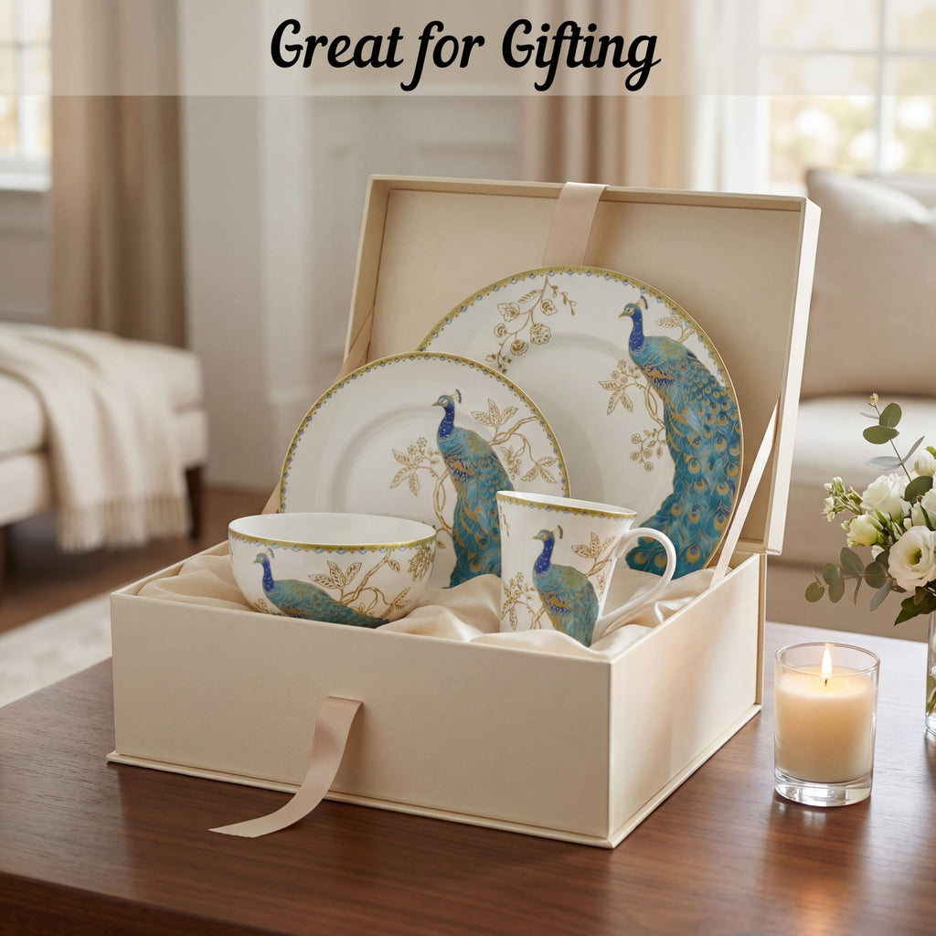 16-Piece Porcelain Dinnerware Set for 4, Elegant Plates and Bowls Sets-White, Teal, Gold Ceramic Dishes, Chip Proof