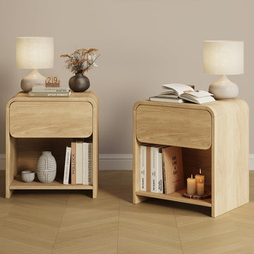 Modern Curved Nightstands Set of 2 with Open Shelf, Natural Oak