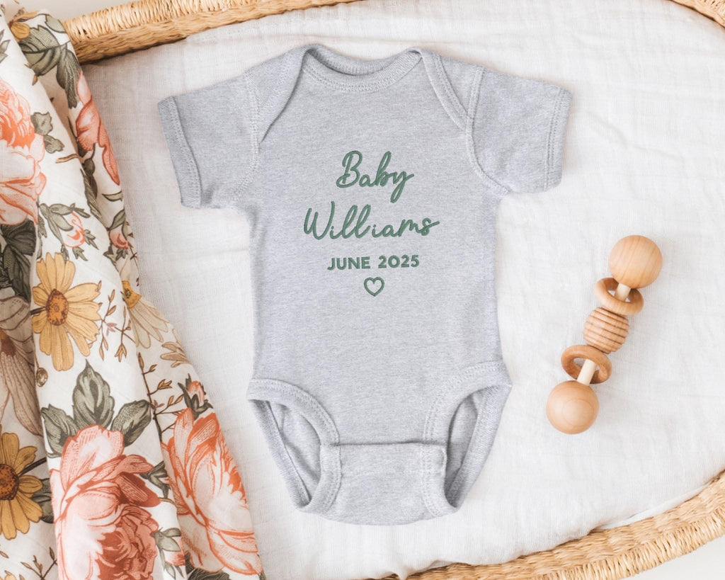 PHYSIQUE Custom Embroidered Pregnancy Announcement Bodysuit, Newborn Gift, Coming Soon Baby Clothing with Name & Date