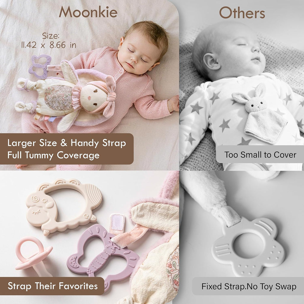 Baby Lovey with Silicone Teether, Bunny Security Blanket with Textured Ribbons, Crinkle Toys, Soft Minky Velour &
