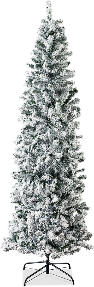 Flocked Pencil Christmas Tree, Unlit Slim Artificial Holiday Decoration, Skinny Snowy Appearance w/Base
