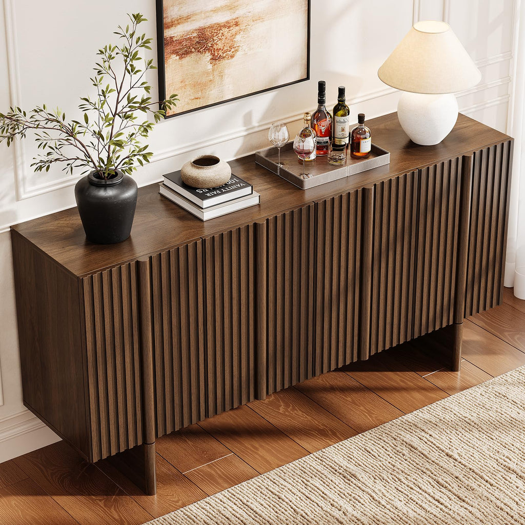 63" Fluted Sideboard Cabinet with Storage Adjustable Shelves Walnut