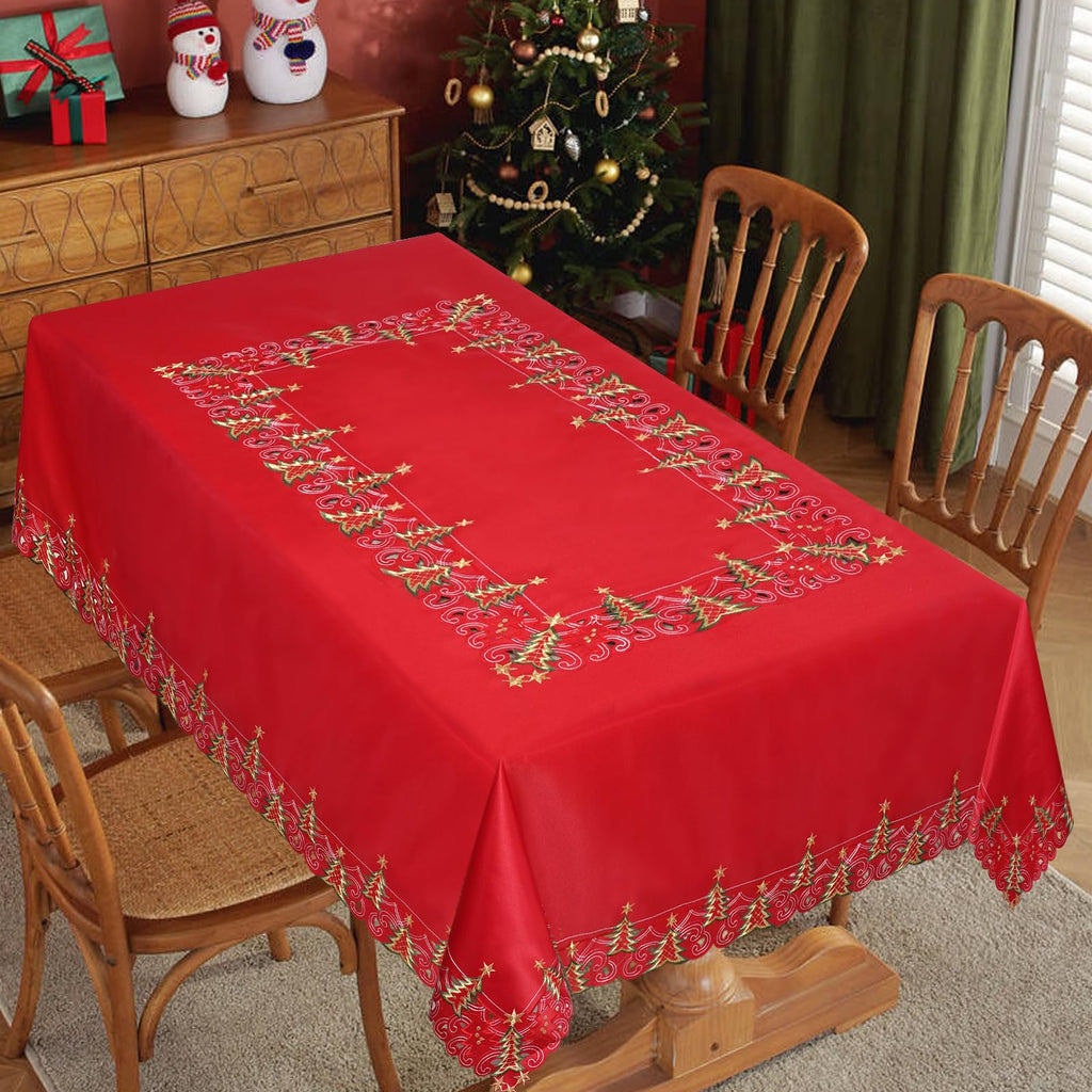 Embroidered Rectangle Christmas Tablecloth, 60 x 84 Inches, Red
