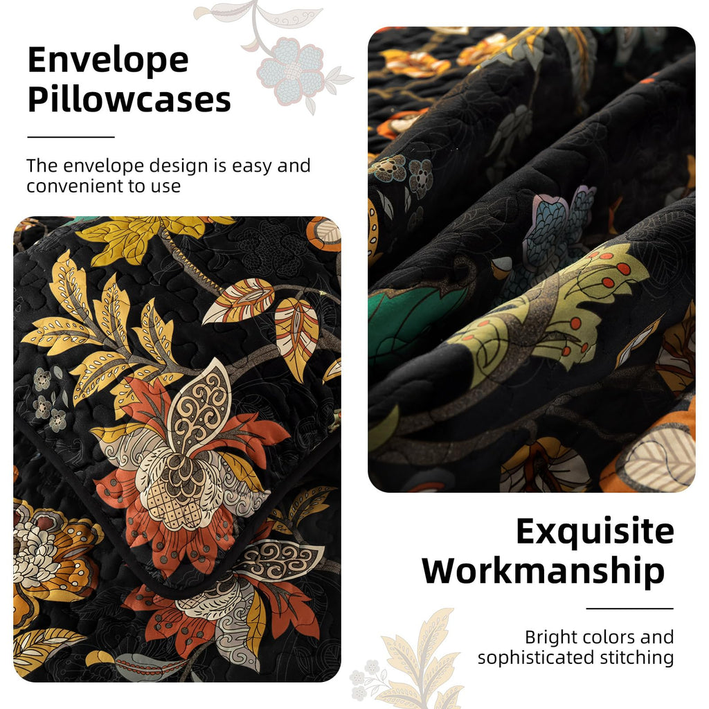 Floral Quilt, Black Vintage Botanical Bedspread
