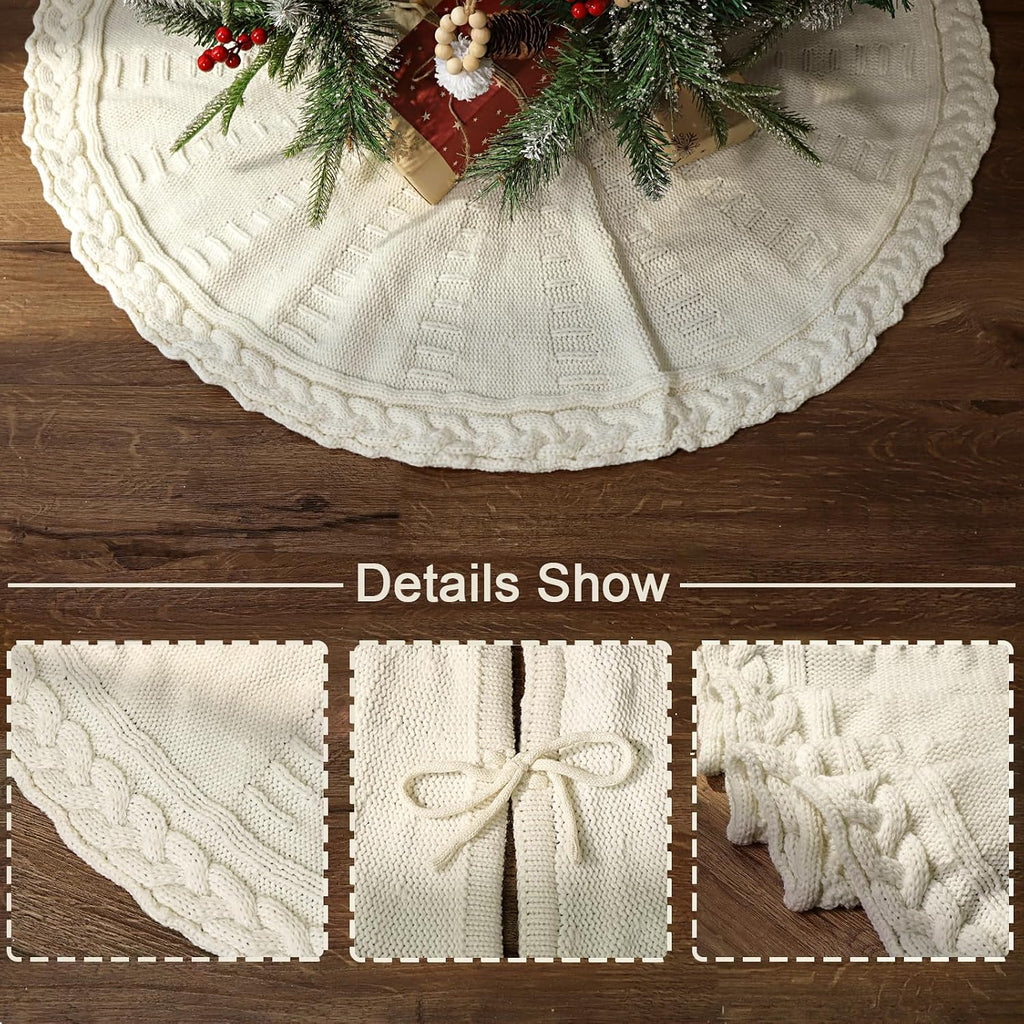 36 Inch Christmas Tree Skirt: Pencil Tree Skirt for 6FT Tree, Braided Cable Knit Cream White Small Tree Skirt