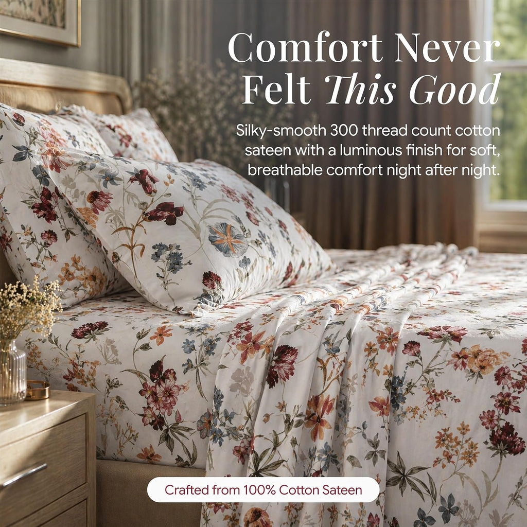 Deep Pocket King Sheet Set - 300 Thread Count Cotton Sateen Sheets with 22-Inch Extra Deep Pockets, Oeko-Tex