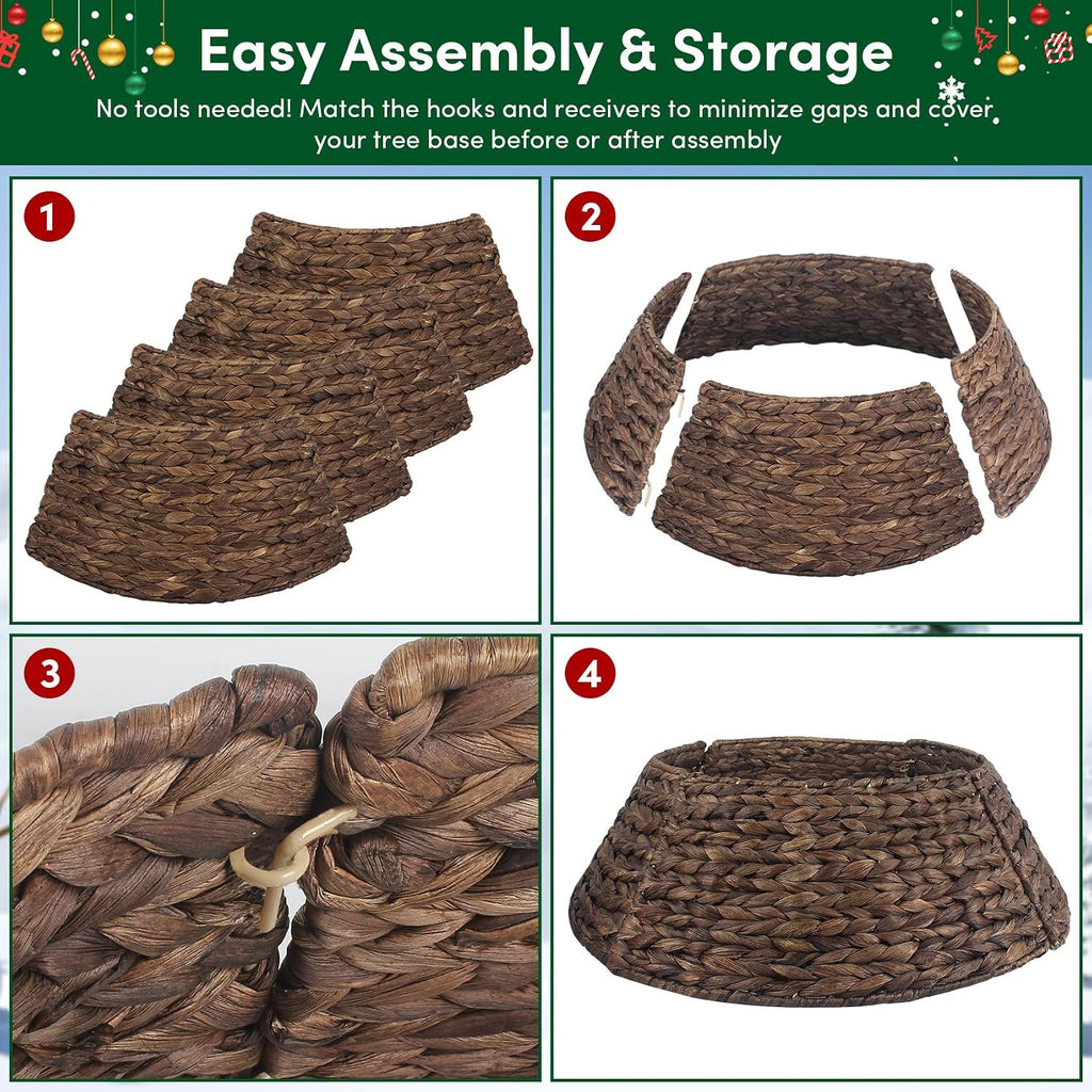Christmas Tree Collar, 24'' Water Hyacinth Tree Collar, Woven Tree Collar with Cord Cut-Out, Rattan Wicker Tree Skirt