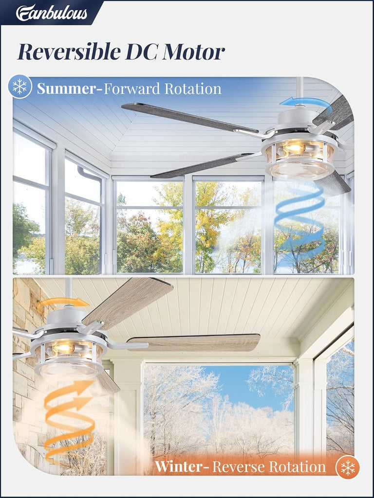 52 Inch Ceiling Fan with Light and Remote,Downrod Mount Farmhouse Ceiling Fan , Quiet 6-Speed Reversible DC Motor