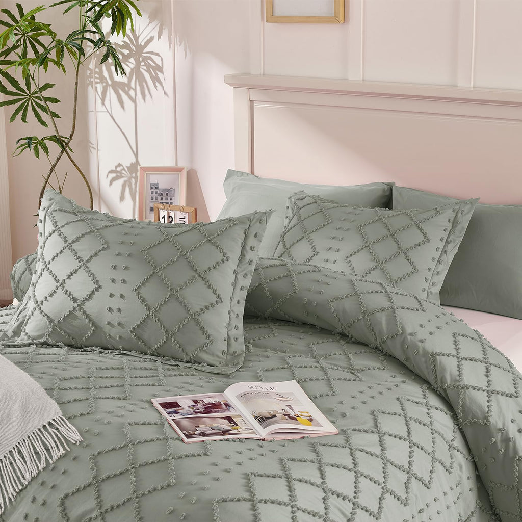 5PCS Light Grey Boho Tufted Duvet Cover King Size, Zipper & Ties