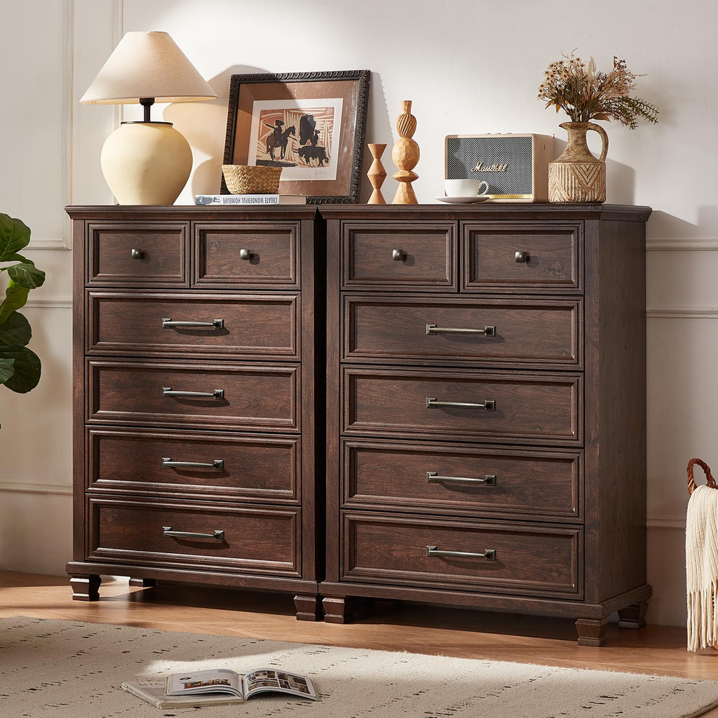 Farmhouse 6 Drawer Dresser, 45 Inch Tall Vintage Wood Chest of Drawers, Mid-Century Dressers w/Square Wooden Legs