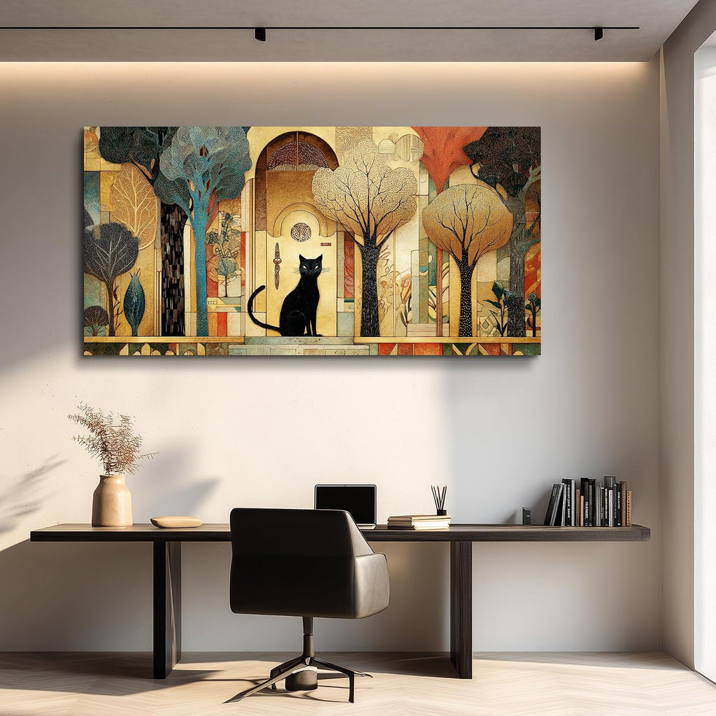 Large Canvas Wall Art Cat Abstract Pictures Vintage Nature Wall Art Modern Farmhouse Cottage Artwork Gold Trees City