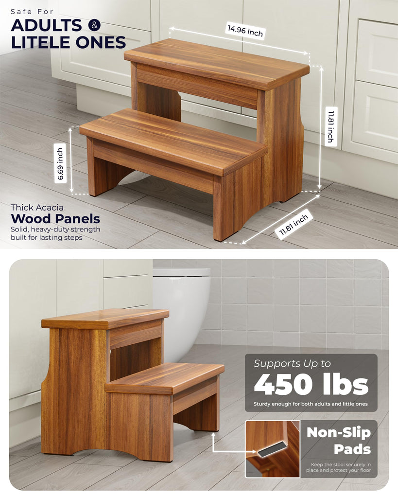 Wooden Two Step Stool for Adults, Heavy Duty Acacia Wood Bed Step