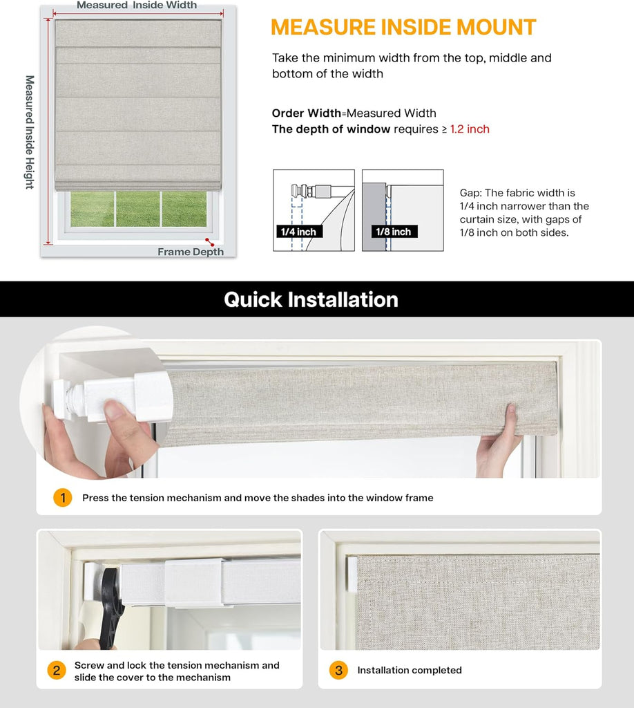 No Drill Roman Shades, Blackout, 34" W x 64" H, Natural | Cordless Blackout Window Shades with UV Protection