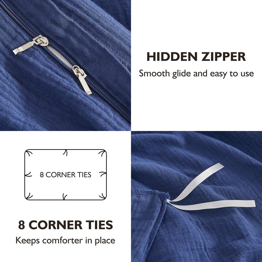 Muslin Cotton Duvet Cover Set Linen Like Navy