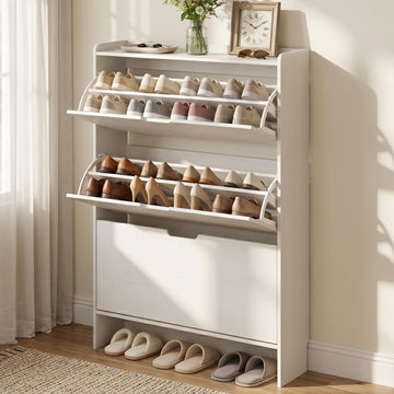 White Slim Shoe Cabinet with 3 Flip Drawers, 52" Tall Narrow Shoe Storage Cabinet, Hidden Shoe Organizer Cabinet