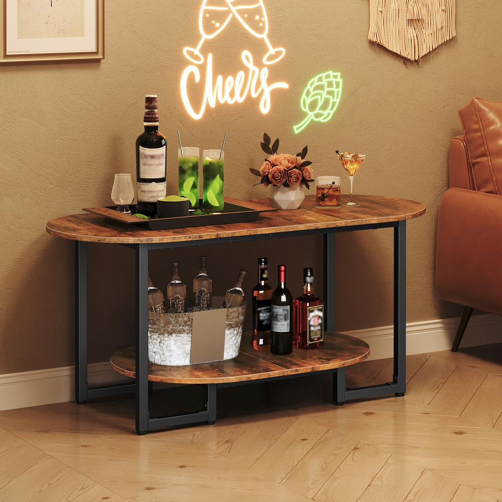 Coffee Table, Oval Small Coffee Table with 2-Tier Open Storage Shelf, Industrial Cocktail Tea Table, Wooden Desktop