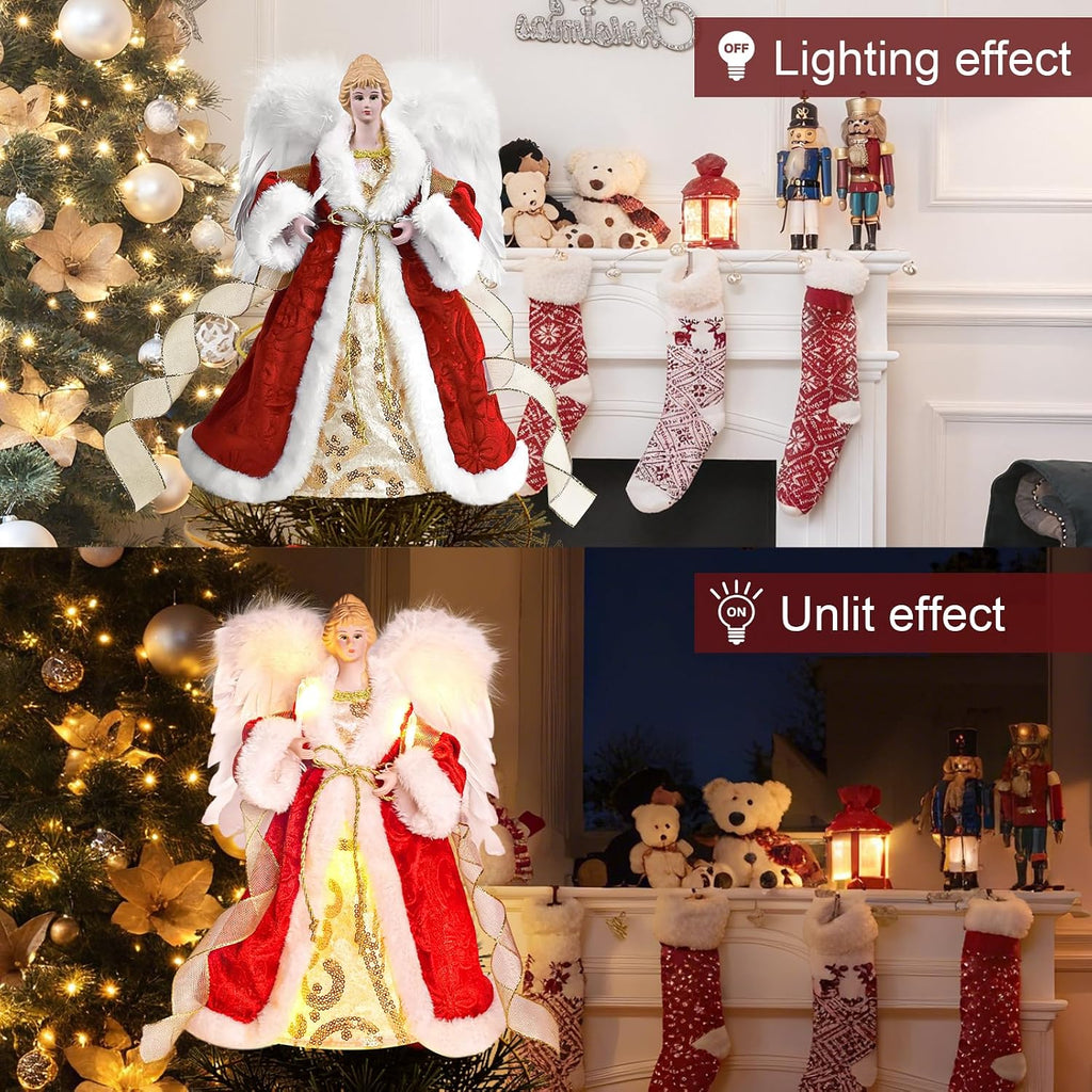Lighted Christmas Angel Tree Topper, Holiday Tree Decoration, Red Angel