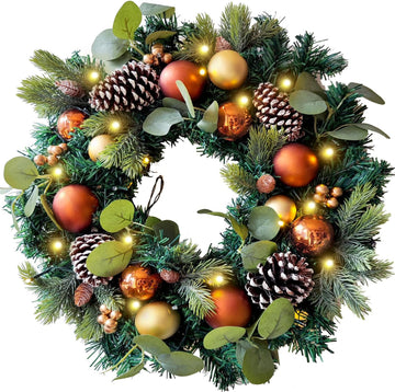Pre-Lit 20 Inch Copper Gold Christmas Wreath for Front Door