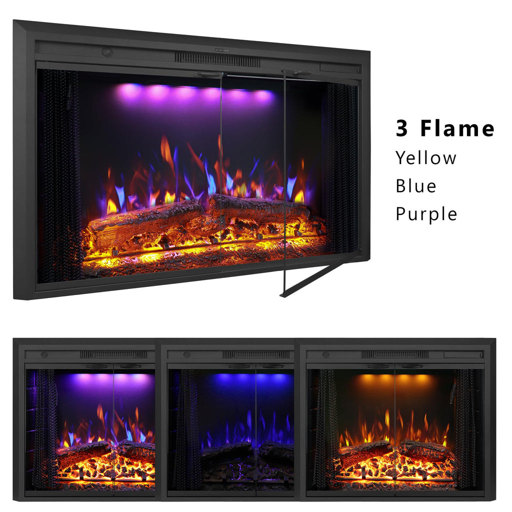 29" Electric Fireplace Insert Heater, Recessed Mounted Fireplace with Glass Door & Mesh Screen, Remote Control, Fire