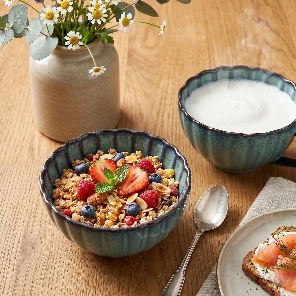 Ceramic Plate and Bowl Set, 16 Pieces, Flower Shaped、Dinnerware Set, Serves 4, Modern Dinner Salad Plate | Cereal