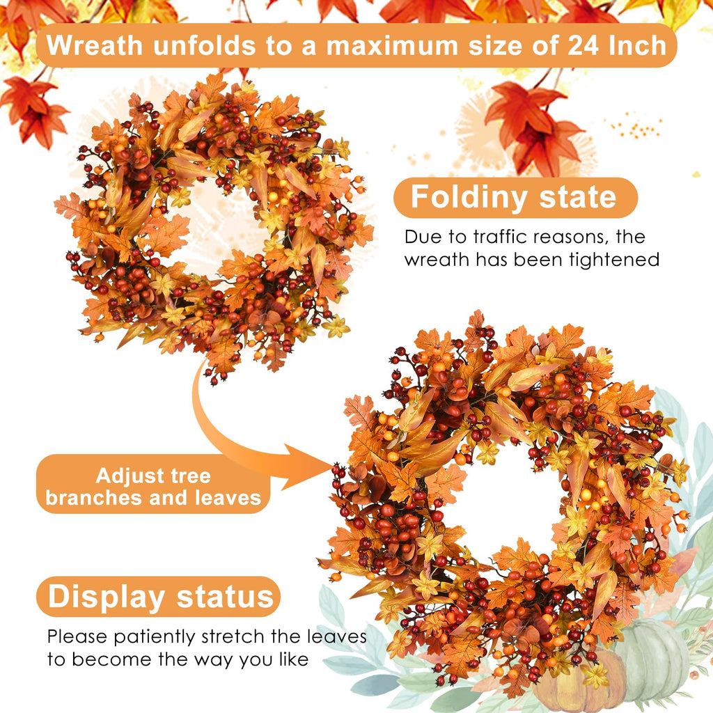 24 Inch Fall Wreath for Front Door, Berry Maple Leaf Autumn Wreaths Decor