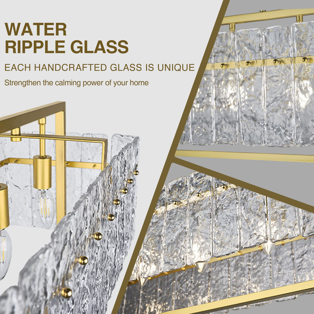Modern Rectangle Gold Crystal Chandeliers, 42" Large Rectangular Water Ripple Glass Island Light Fixture, Elegant