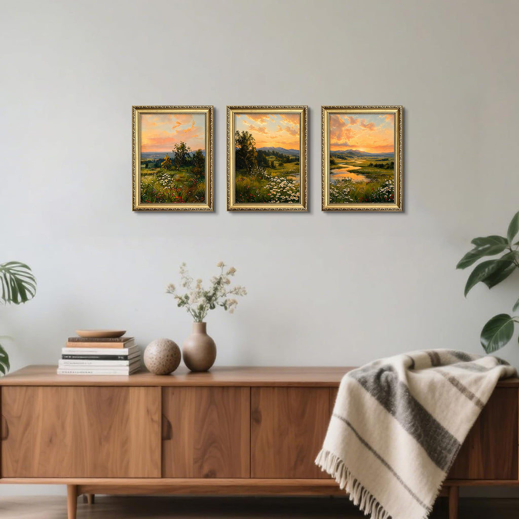 Gold Framed Vintage Landscape Wall Art Set of 3, Sunset Wildflower Meadow Picture Wall Decor, Rustic Farmhouse Nature
