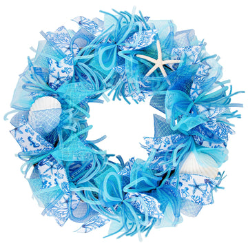 24 Inch Coastal Seashell Large Wreath with Natural Starfish & Scallops Shell, Blue Beach Style Front Door Wreath with