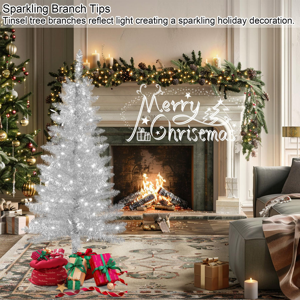 4ft Artificial Full Silver Christmas Tree with Separate Lights, Not Pre-lit Mini Silver Tinsel Pine Christmas Tree