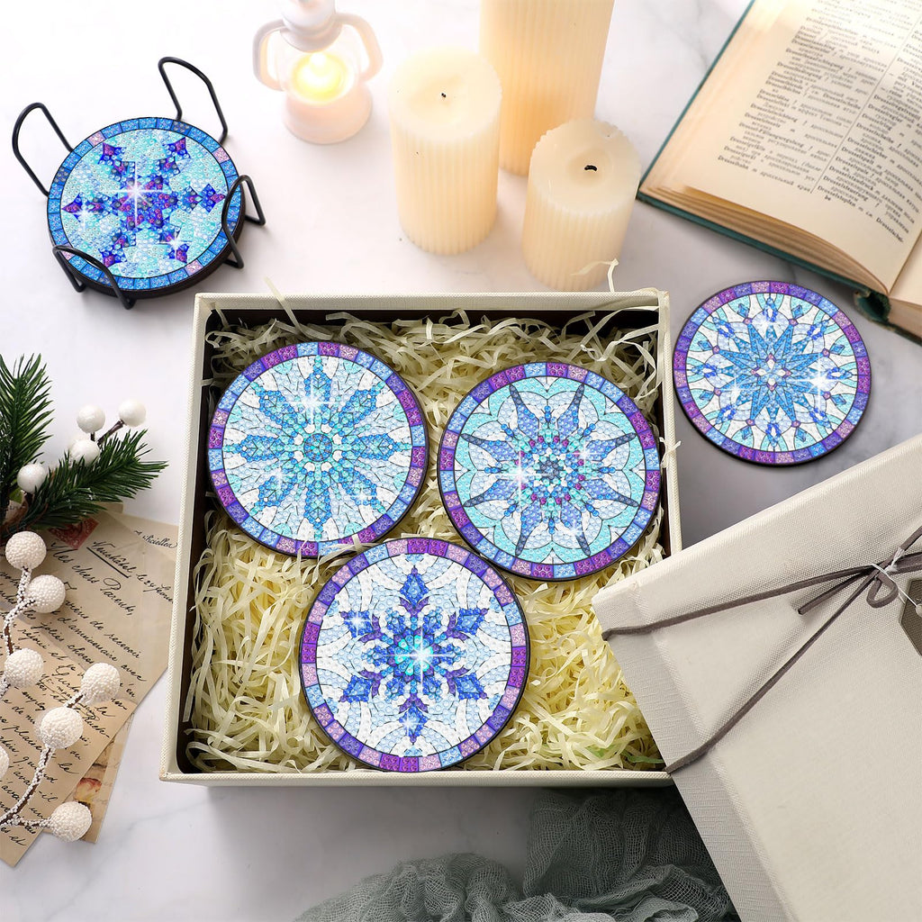 8 Pcs Snowflake Diamond Painting Coasters with Holder, Simple