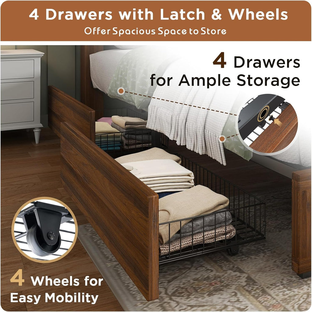 48.8" H Queen Bed Frame with 4 Storage Drawers, Farmhouse Platform Bed with Barn Door Headboard, Rustic Wood Grain