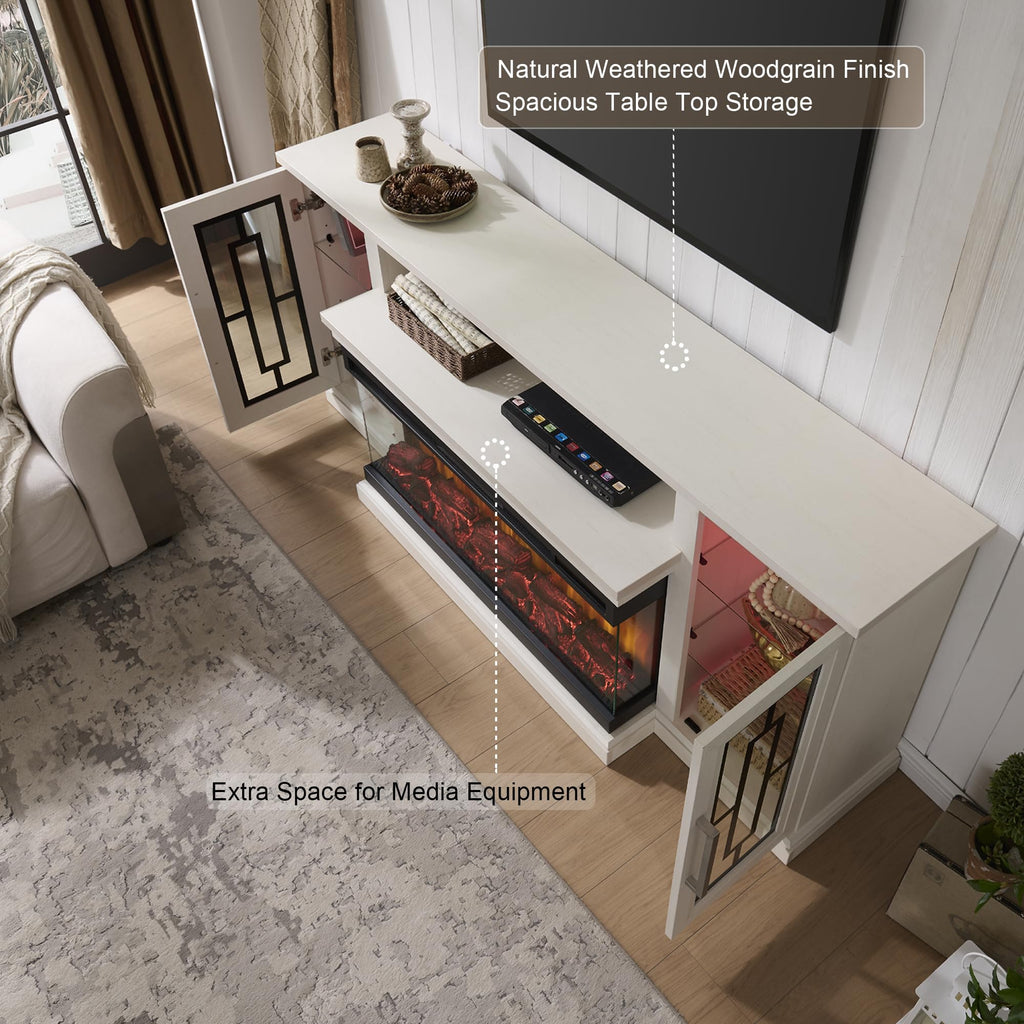 75 Inch Electric Fireplace TV Stand, 3- Side Glass LED Modern Media Entertainment Center Console Table for TVs up to