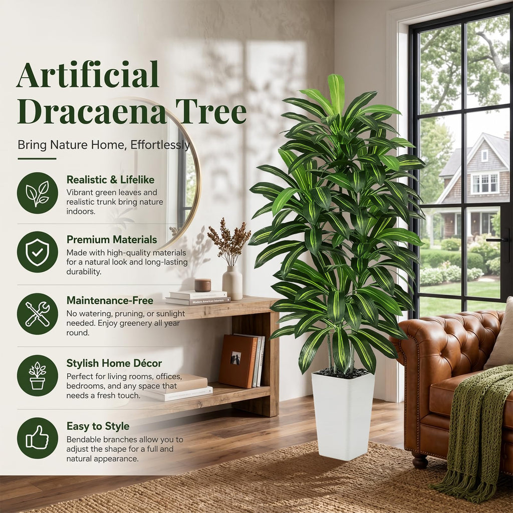 Artificial Dracaena Tree 5FT / White Planter, Tall Plants Indoor