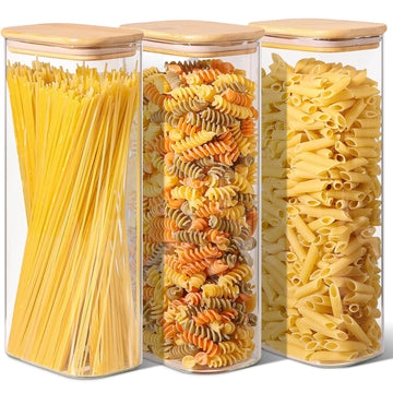 Pasta Containers Storage 2.2 Qt, Set of 3 Tall Glass Spaghetti Jar